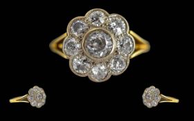 Early 20th Century Ladies 18ct Gold Diamond Set Cluster Ring. Flower head Setting. Marked 18ct to