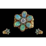 Ladies - Quality 18ct Opal and Diamond Set Cluster Ring. In the Form of a Flower head. Marked 18ct