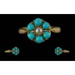 Ladies Antique Period 18ct Gold Turquoise & Pearl Set Cluster Ring - Flowerhead Design. Full