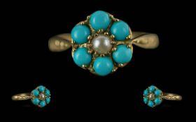 Ladies Antique Period 18ct Gold Turquoise & Pearl Set Cluster Ring - Flowerhead Design. Full