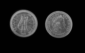 Elizabeth II Royal Mint One Oz Silver Britannia Coin - Date 2011, In Capsule, Uncirculated.