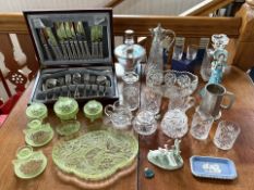 A Mixed Lot to include a box of pressed glassware, green glass moulded Deco dressing table set,