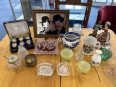 Two Boxes of Miscellaneous, to include figures, vases, model car, pottery, glass ware,