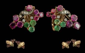 Pair Of Emerald, Ruby And Diamond Tutti Frutti Cluster Earrings, Of Floral And Foliate Design,