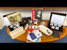 A Box of Mixed Collectables. Includes Charles Dickens Books, Tankard, Coins Sets etc.