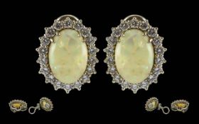 Ladies - Stunning Pair of 18ct Gold Opal and Diamond Set Earrings, Flower head Setting. Marked 18ct.