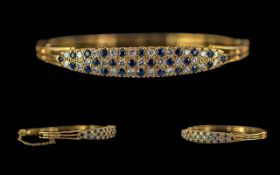 Antique Period Fine Quality Ladies 9ct Gold Sapphire and Diamond Set Hinged Bangle with Safety