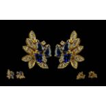 Mikimoto - Pair of 18ct Gold Sapphire And Diamond Earrings, French Clips, Each set With Three Pear