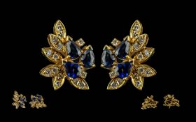 Mikimoto - Pair of 18ct Gold Sapphire And Diamond Earrings, French Clips, Each set With Three Pear