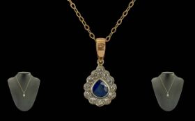Ladies - Attractive 18ct Gold Diamond and Sapphire Set Pear Shaped Pendant Drop, Attached to 9ct