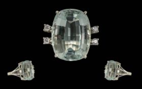 Ladies - Superior Quality 18ct White Gold Aquamarine and Diamond Set Ring. Marks Rubbed but Tests