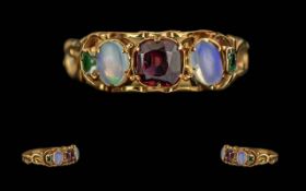 Antique Period Mid 19th Century Ladies 18ct Gold Emerald, Opal and Garnet Set Ring, Ornate Setting /