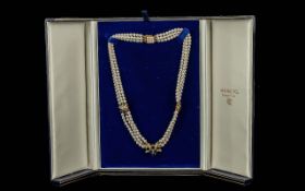 Mikimoto Signed Ladies Triple Strand Cultured Pearl Necklace - With 18ct Gold Sapphire & Diamond