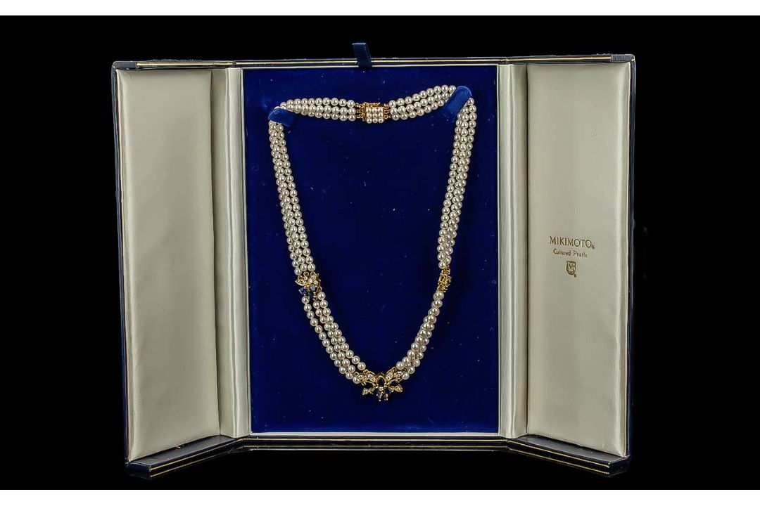 Mikimoto Signed Ladies Triple Strand Cultured Pearl Necklace - With 18ct Gold Sapphire & Diamond - Image 1 of 5