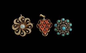 A Fine Trio of Ladies 18ct and 9ct Gold Stone Set Small Brooches. Of Pleasing Design and Quality.