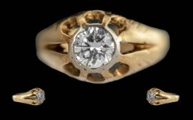 18ct Gold - Pleasing Single Stone Diamond Set Ring, Gypsy Setting. The Faceted Round Diamond of Good