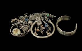 Bag of Mixed 925 Sterling Silver Jewellery. Includes Bangles, Brooches, Earrings, Chains, Ingots