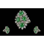 Ladies 1960's Quality and Signed 18ct White Gold Emerald and Diamond Set Dress Ring. Full Hallmark