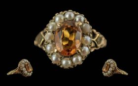 Antique Period Ladies 9ct Gold Citrine and Pearl Set Cluster Ring, Marked 9ct to Interior of