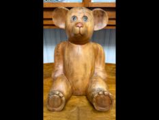 Large Wooden Teddy Bear, seated, 15'' high x 9'' wide approximately.