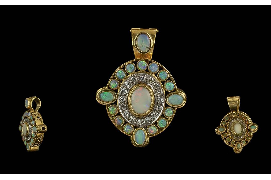 Ladies Quality and Signed 18ct Gold Opal and Diamond Set Large Pendant. The Well Matched Opals of