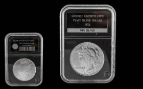 United States of America Uncirculated Silver Peace Dollar - Date 1924. P.G.S Slabbed, Uncirculated