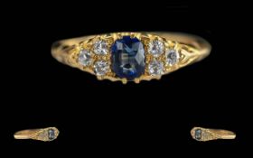 Edwardian Period Ladies 18ct Gold 3 Stone Sapphire and Diamond Set Ring, Full Hallmark to Interior