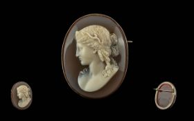 Victorian Period 1837 - 1901 Fine Quality Carved Hardstone Cameo Brooch, Set on Banded Agate, With