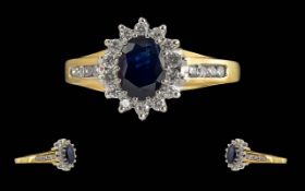 Ladies - Pleasing 18ct Gold Diamond and Blue Sapphire Set Cluster Ring with Diamond Set Shoulders,