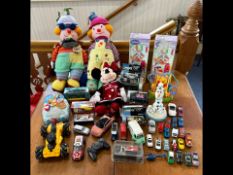 Collection of Toys, to include two large knitted clowns, die cast models boxed and playworn, boxed