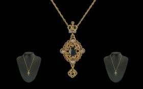 Ladies 18ct Gold Sapphire / Diamond Set Fancy Open worked Pendant, Tests 18ct. Excellent Design,