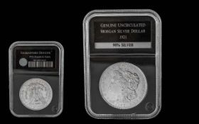 United States of America Uncirculated Morgan Silver Dollar - Date 1921. P.G.S Slabbed,