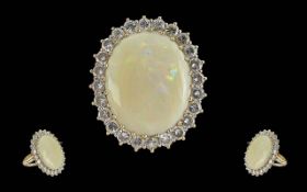Ladies Stunning 18ct White Gold Opal and Diamond Set Ring, Tests 18ct Gold. The Large Natural Opal