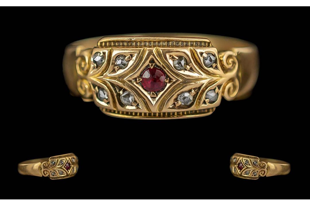 Victorian Period 1837 - 1901 Ladies 15ct Gold Pleasing Ruby and Diamond Set Ring, Ornate Shank /