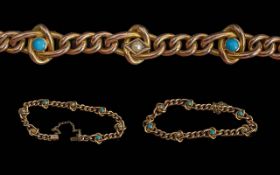 Victorian Period 1837 - 1901 Ladies Fine Turquoise - Pearl Set Bracelet with Safety Chain. Marked