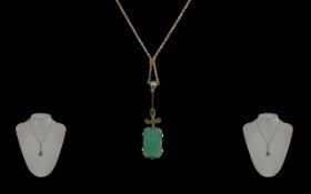 Edwardian Period Ladies Exquisite 9ct Gold Jade and Pearl Set Drop Necklace, Pleasing Design. The