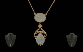 Art Nouveau Ladies Stunning Ladies 9ct Gold Opal Set Necklace with Double Drop, Well Matched Large