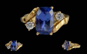 Ladies - Pleasing Quality 18ct Gold Tanzanite and Diamond 3 Stone Ring. Marked 18ct to Interior of