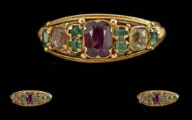 Antique Period Ladies 15ct Gold Pleasing Ruby - Emerald and Citrine Set Ring. Excellent Design /