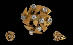Ladies Designer 1960's Heavy and Solid 18ct Gold Diamond Set Ring. Marked 18ct to Interior of Shank.