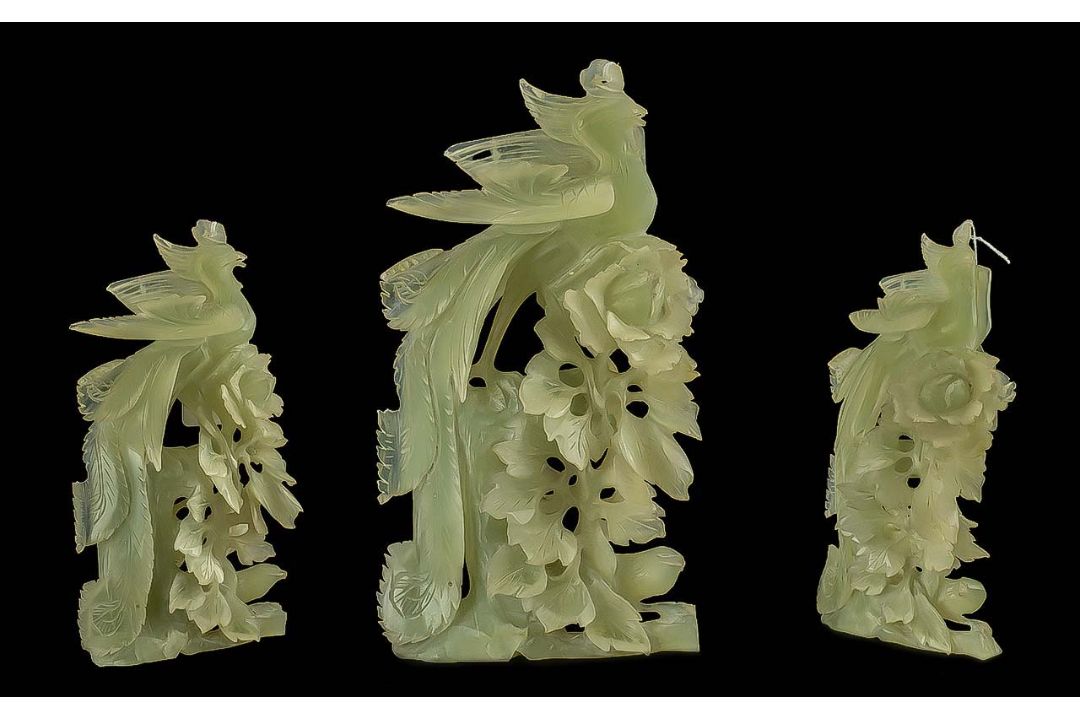 Chinese Jade Carved Statue Depicting a Bird Sitting on Top of a Flowering Branch. Very Decorative