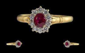 Ladies - Pleasing 18ct Gold Ruby / Diamond Set Cluster Ring, Flower head Setting. Full Hallmark to