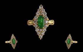 Ladies - Quality 18ct Gold Boat Shaped Diamond / Emerald Set Dress Ring, Tests 18ct. The Central