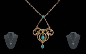 Art Nouveau Ladies 9ct Gold Turquoise Set Necklace of Pleasing Design, Excellent Turquoise Colour.