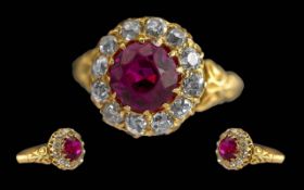 Antique Period Ladies - Pleasing Quality 18ct Gold Ruby and Diamond Set Cluster Ring. Raised Open
