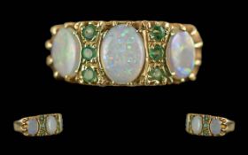 Ladies Pleasing 9ct Gold Opal - Emerald Set Ring, Pave Set. Opals of Good Colours, with Emerald