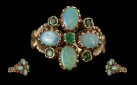 Antique Period Ladies 15ct Gold Opal and Emerald Set Ornate Ring, Fancy Setting. Full Hallmark to