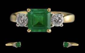 Ladies - Attractive 18ct Gold 3 Stone Emerald / Diamond Set Ring, Full Hallmark to Interior of