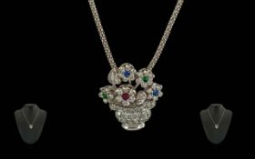 Ladies Excellent Quality 18ct White Gold Multi Gem Set Pendant In the Form of a Flower Basket Filled