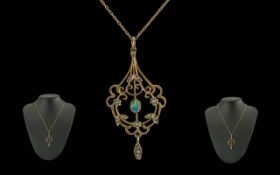 Antique Period - Pleasing Designed Ladies 9ct Gold Opal and Seed Pearl Open Worked Pendant with